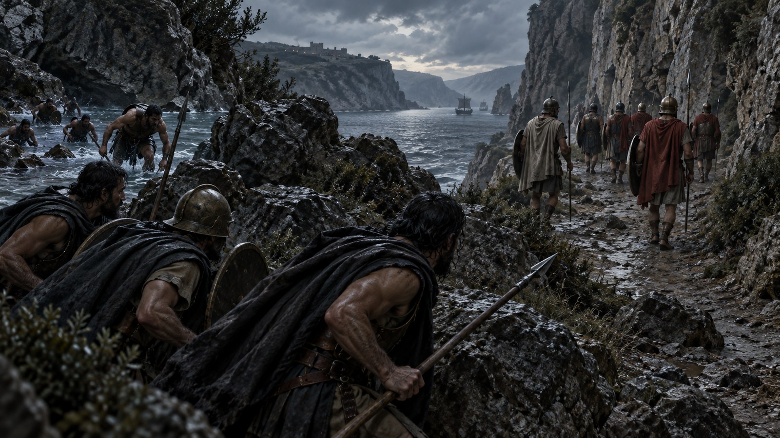 The route alternated between the sea’s edge and short swims around cliff sections, allowing the selected force to appear behind the patrols.