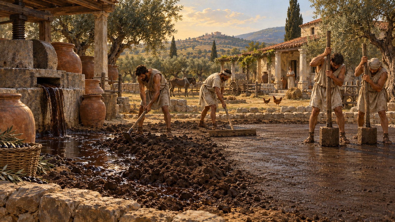 Cato began by turning the soil and soaking it heavily with amurca, the watery lees left by olive-oil production.