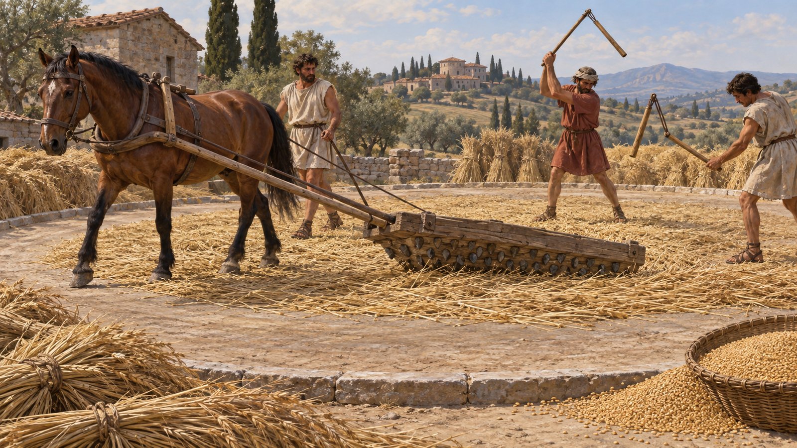 After the first soaking, workers broke the clods, leveled the floor and packed it with wooden rammers.