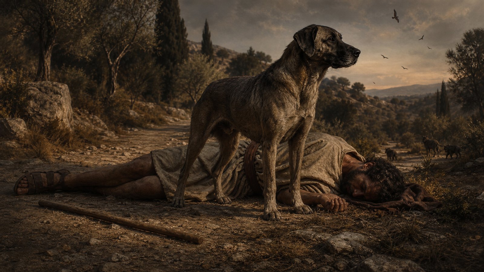 A vertical 4:5 cinematic realistic oil-painting in Roman-era Epirus: a loyal medium-sized ancient Mediterranean hunting dog barking and snapping toward one visibly shaken man in a tense public gathering, local magistrates and townspeople watching, stone civic courtyard, the dog is the clear focal subject, no attack or gore, historically plausible plain clothing, no text, no letters, no inscriptions, no logos, no watermark.