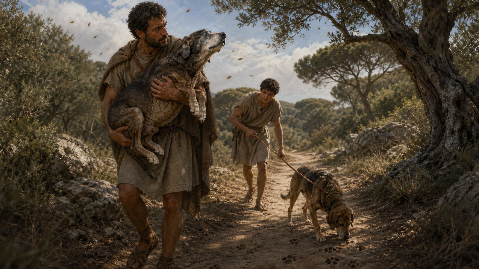 A wide 16:9 cinematic realistic oil-painting on a wooded Roman-era roadside: a wounded but steadfast ancient Mediterranean dog guards its fallen master from circling birds and distant scavengers, torn travel cloak and dropped walking staff, solemn loyalty rather than graphic violence, historically plausible landscape and clothing, no text, no letters, no inscriptions, no logos, no watermark.