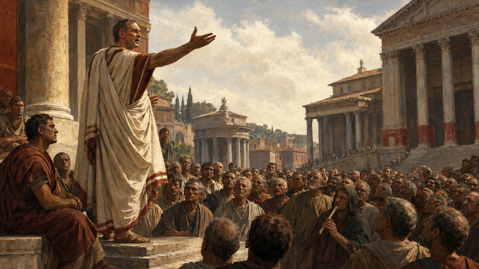 A vertical 4:5 cinematic realistic oil-painting of Gaius Gracchus addressing a crowded Roman forum from a low rostrum while a generic concealed musician among listeners holds a small ivory-colored reed pipe ready to sound one corrective note, intense civic atmosphere, historically plausible Republican clothing, blank architecture, no text, letters, numerals, logos or watermark.