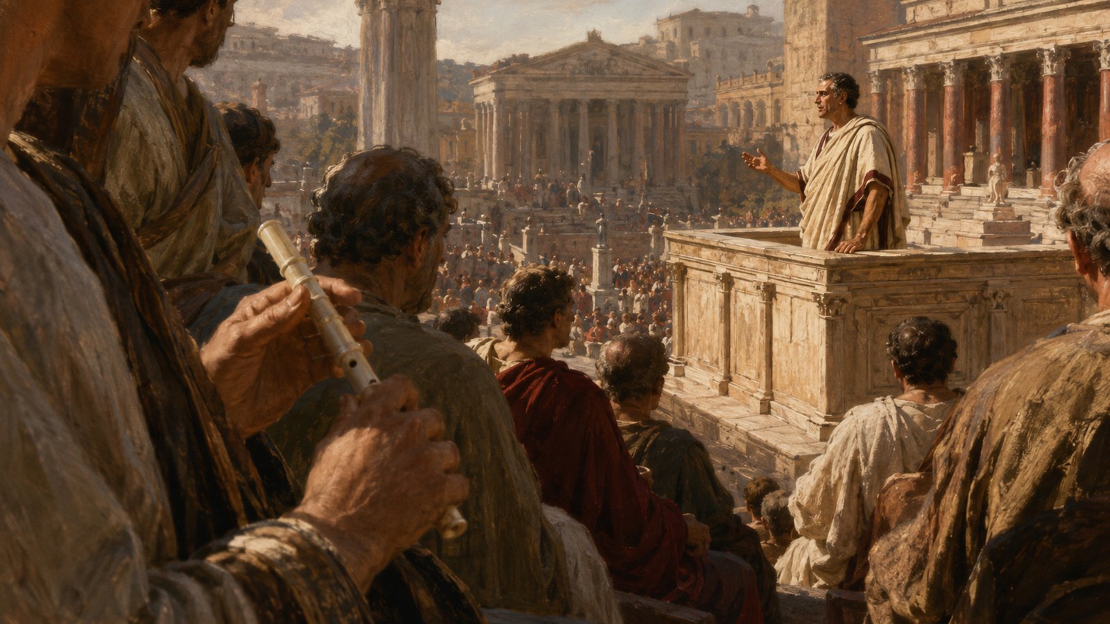A wide 16:9 historically plausible late-Republican public assembly: a forceful generic Roman orator gestures from the rostra, listeners press close, and a discreet musician partly hidden within the crowd raises a short pipe, the visual focus on voice, distance and a subtle cue, no readable inscriptions, text, logos or watermark.