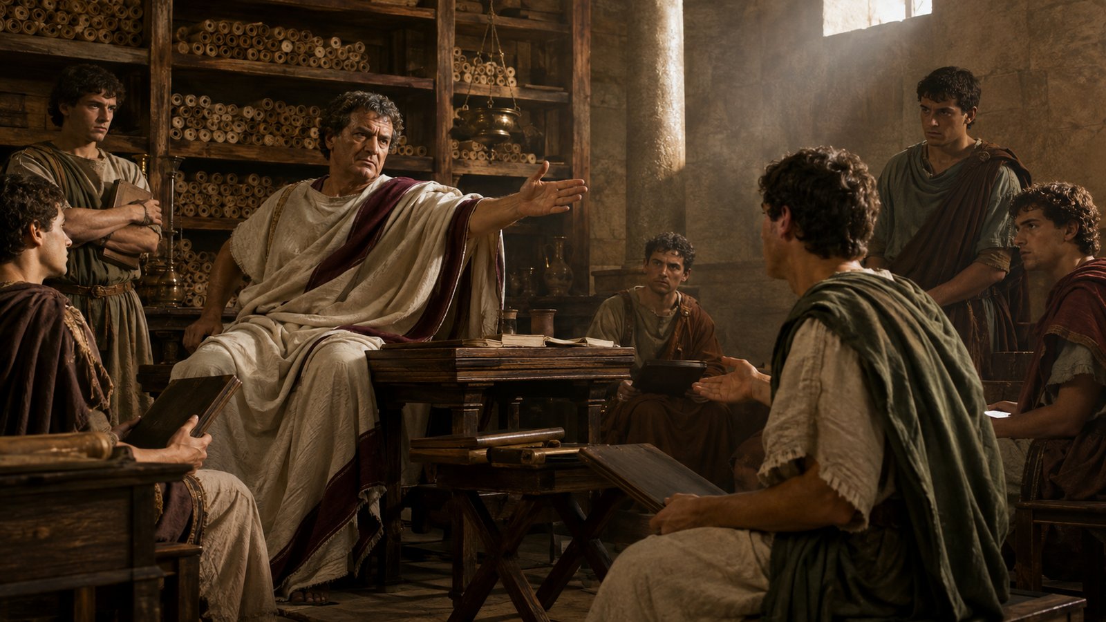 A vertical 4:5 cinematic realistic oil-painting of a Roman scholar calmly holding several open scrolls while a richly dressed, embarrassed grammar teacher backs away from a small study circle, blank papyrus surfaces, expressive but not comic faces, no text, letters, numerals, logos or watermark.