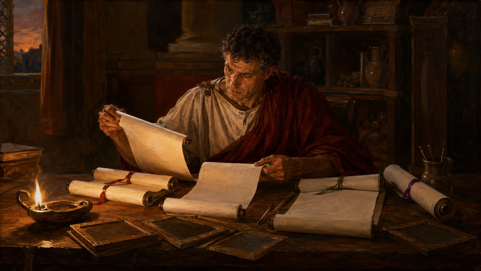 A wide 16:9 Roman teaching room where an acclaimed grammarian dismisses a seated questioner before shelves of scrolls and attentive students, status and impatience visible through gesture, all writing surfaces blank or turned away, no text, logos or watermark.
