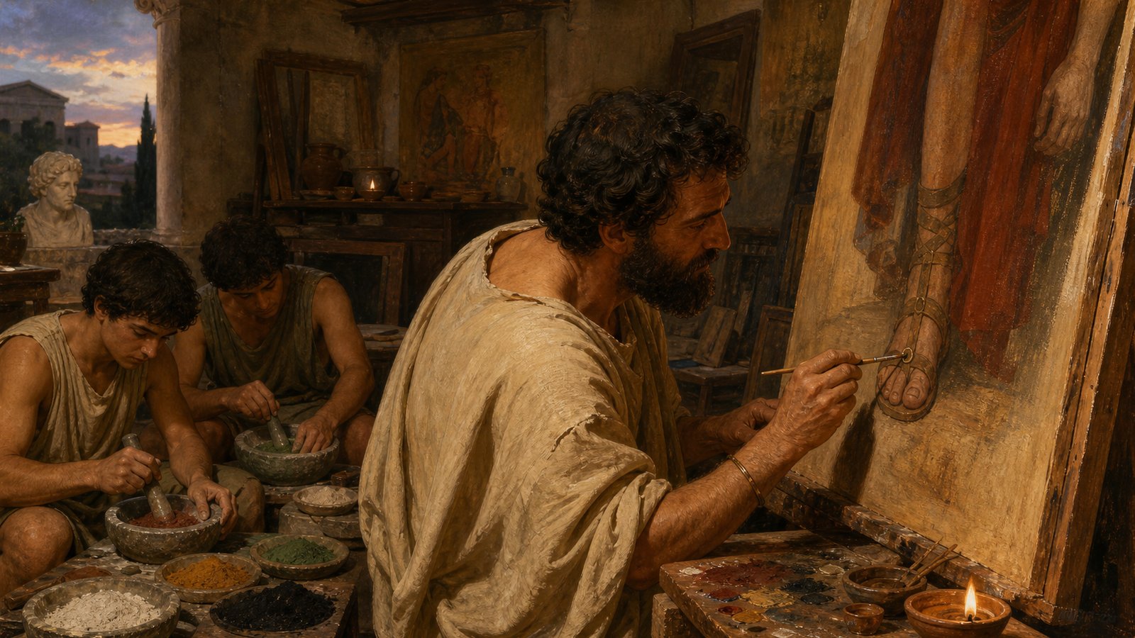 A vertical 4:5 cinematic realistic oil-painting inside a Hellenistic Greek painter’s public gallery: the master painter Apelles stands concealed behind a large framed painted panel while an experienced shoemaker in a plain leather apron closely counts the fastening loops on the painted figure’s sandal, other passersby nearby, fourth-century BCE materials and clothing, no readable text, no inscriptions, no logos, no watermark.