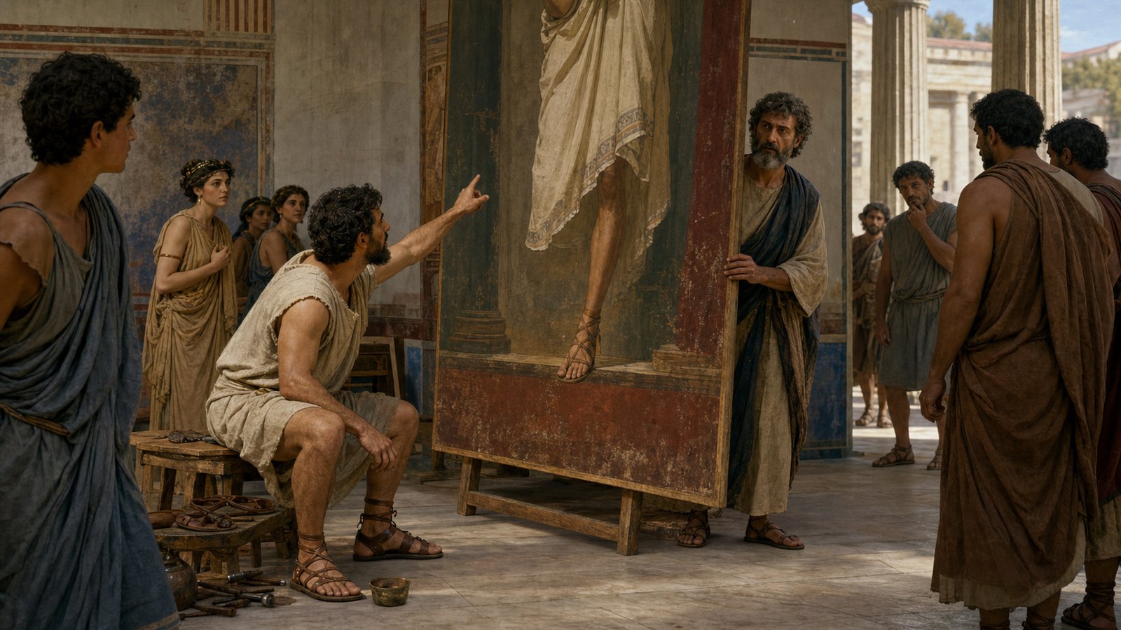 A wide 16:9 cinematic realistic oil-painting of Apelles’s late fourth-century BCE workshop at evening, the painter carefully adding one missing leather loop to a sandal in a nearly finished figure painting while young assistants grind mineral pigments in stone bowls, lamps and wooden panels, historically plausible tools, no readable text, no inscriptions, no logos, no watermark.