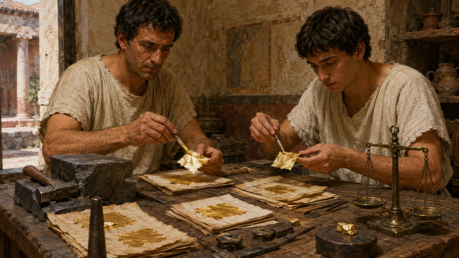 A vertical 4:5 cinematic realistic oil-painting of a Roman artisan hammering a tiny gold sheet between smooth protective layers on a stone workbench, stacks of extremely thin blank square leaves glowing beside simple tools, warm workshop light, no text, letters, numerals, logos, signatures or watermark.