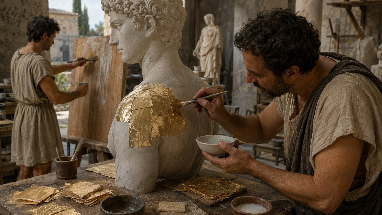 A wide 16:9 cinematic realistic oil-painting of Roman gold-leaf production, two artisans carefully lifting translucent-thin square gold foils with flat tools after repeated hammering, scales and one small lump of gold nearby, tactile realistic workshop, no text, lettering, numerals, logos, signatures or watermark.