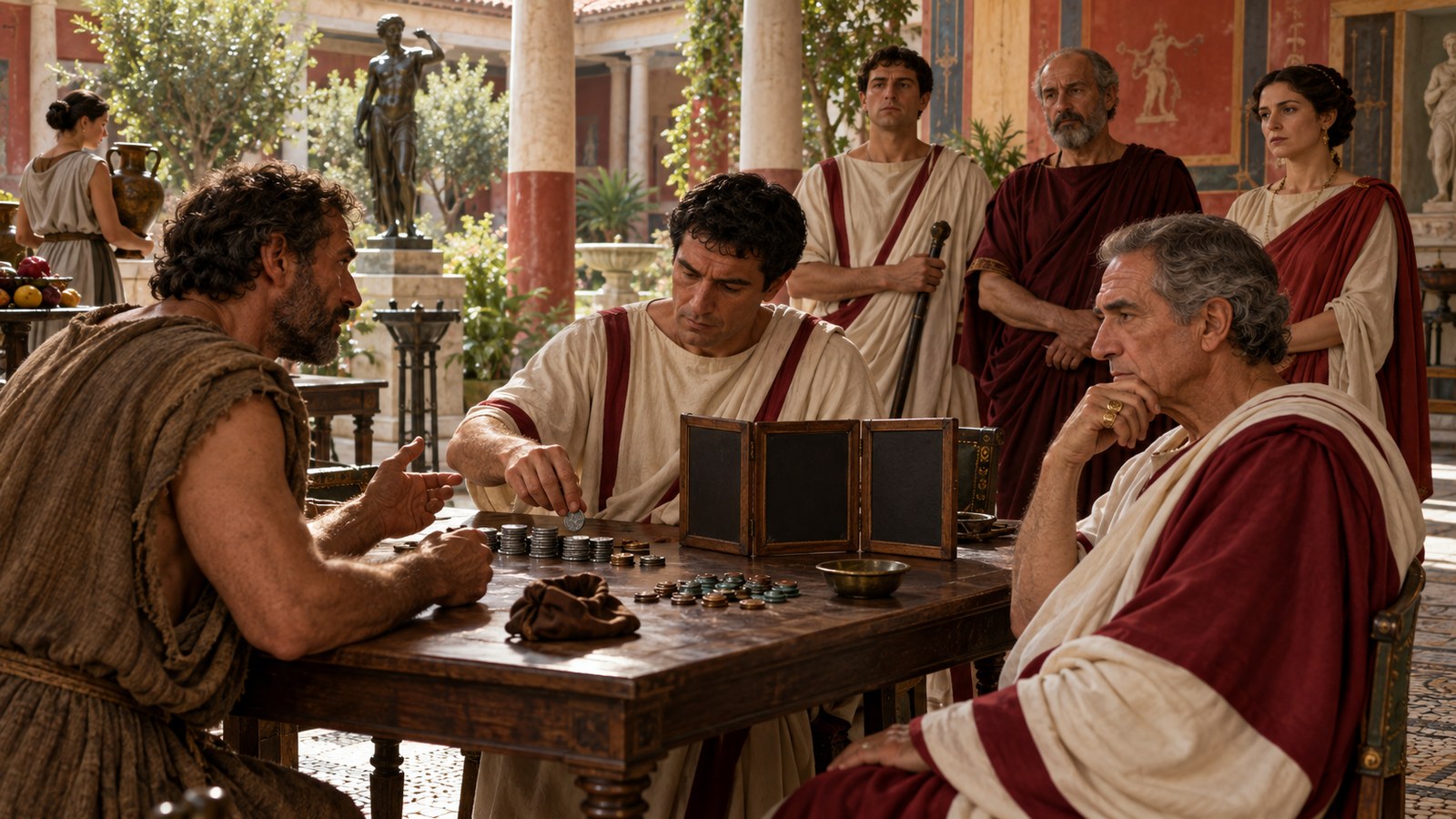 A vertical 4:5 cinematic realistic oil painting inside a prosperous Pompeian atrium after an auction, a Roman financial intermediary receives a tied wooden triptych receipt from a seller while witnesses press plain seals into wax, baskets and generic household goods nearby, warm Vesuvian light, no readable writing, letters, numerals, logos, signatures or watermark.