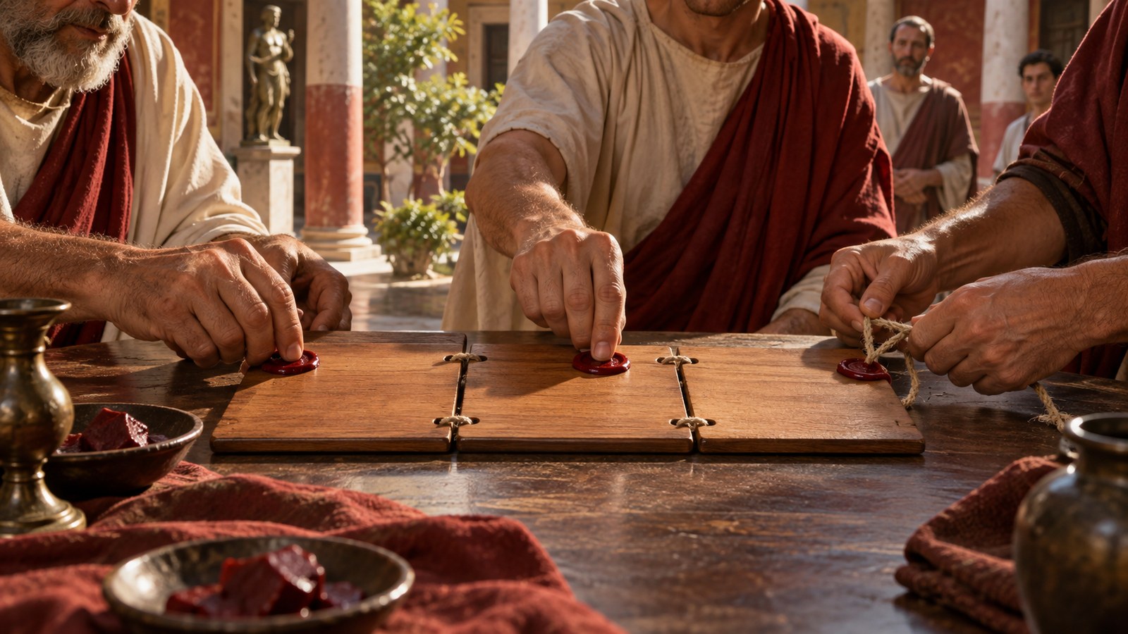 A wide 16:9 cinematic realistic oil painting of a Pompeian auction settlement at a wooden table, counted bronze and silver coins in small piles, a seller, intermediary and ranked witnesses gathered around an open three-leaf wax tablet with every surface turned away or blank, vivid domestic atrium, no readable text, letters, numerals, logos, signatures or watermark.