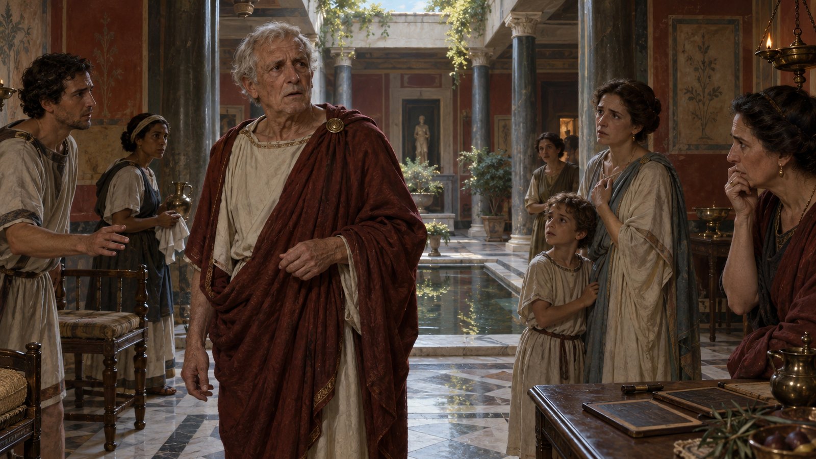 A wide 16:9 cinematic realistic oil painting of a multilingual Hellenistic royal audience inspired by Mithridates, a generic unrecognizable king addressing several delegations directly while interpreters stand unused at the edge, varied historically plausible garments and Black Sea court architecture, expressive listening and political command, no real portrait, no text, lettering, numerals, emblems, signatures or watermark.