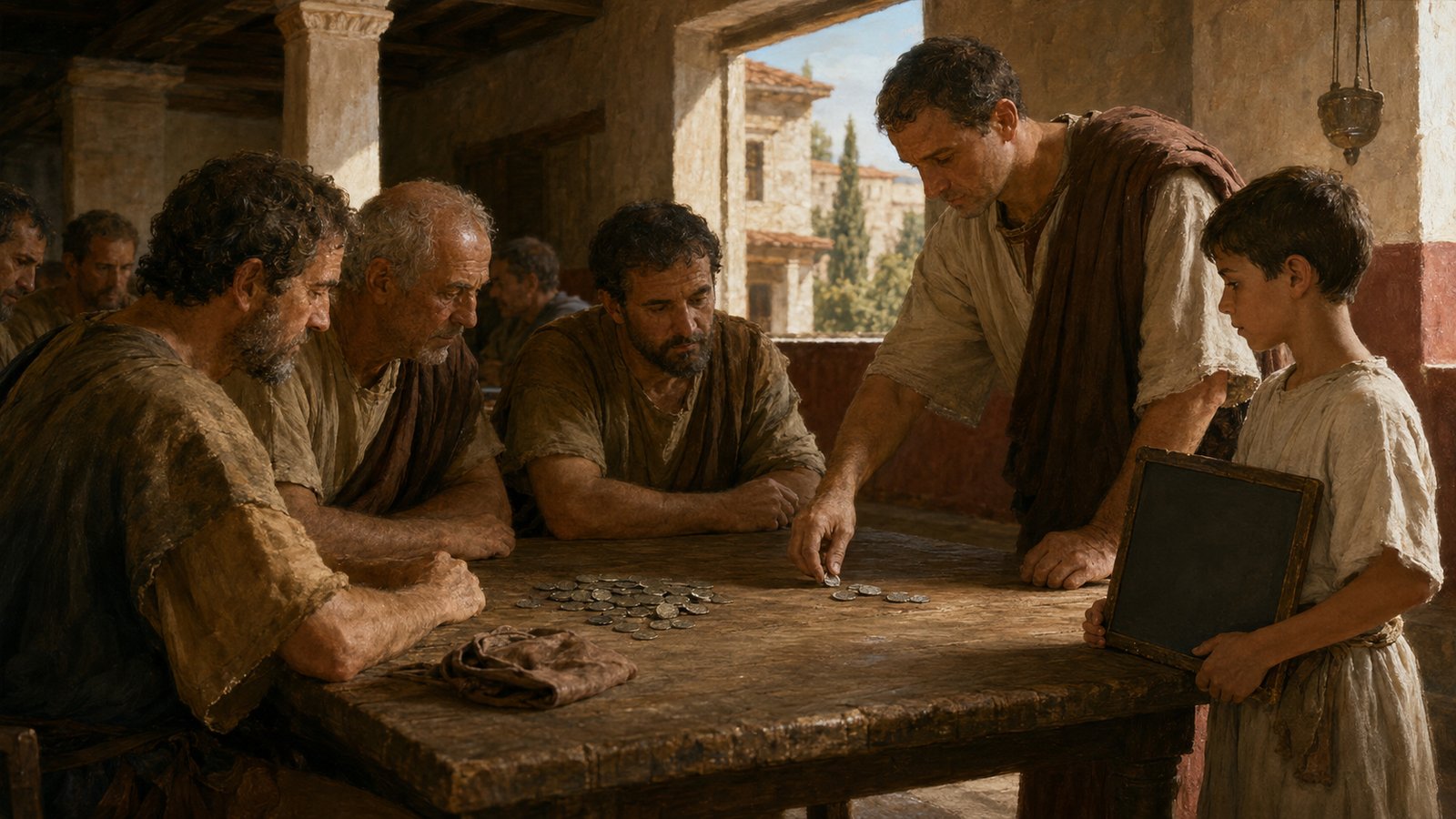 A vertical 4:5 cinematic Roman-era scene in the forum of Comum: an adult civic patron speaks with a local father and school-age son holding a blank wax tablet, several concerned parents gather nearby, distant road toward Mediolanum visible beyond the town, warm natural light, no text, letters, inscriptions, logos, watermark or modern objects.
