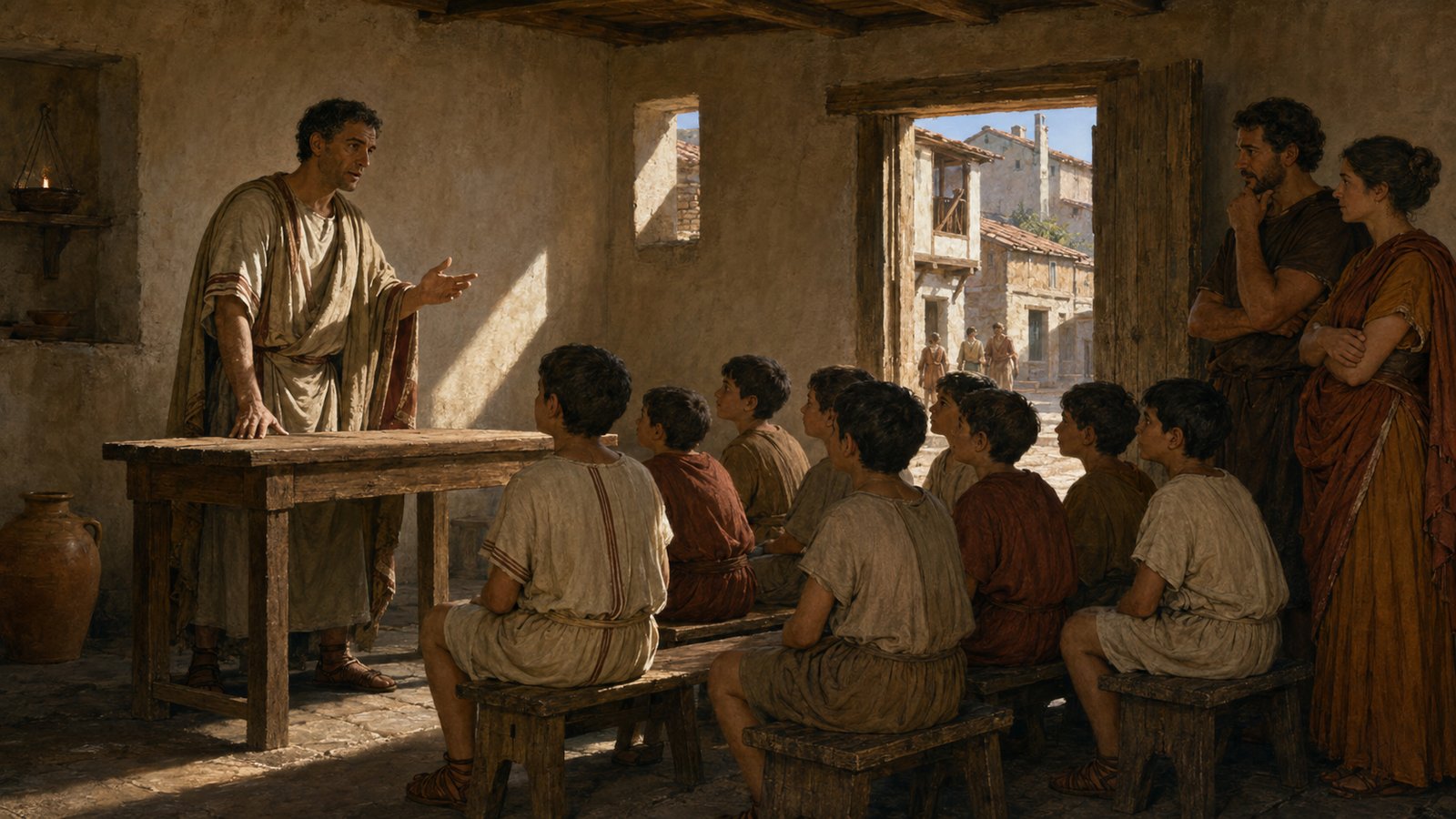 A wide 16:9 Roman provincial town scene: several fathers pool modest coins on a plain wooden table while an adult civic patron deliberately adds a smaller separate share, a school-age boy with blank wax tablets watches, architecture of Comum, no text, numbers, inscriptions, logos or watermark.