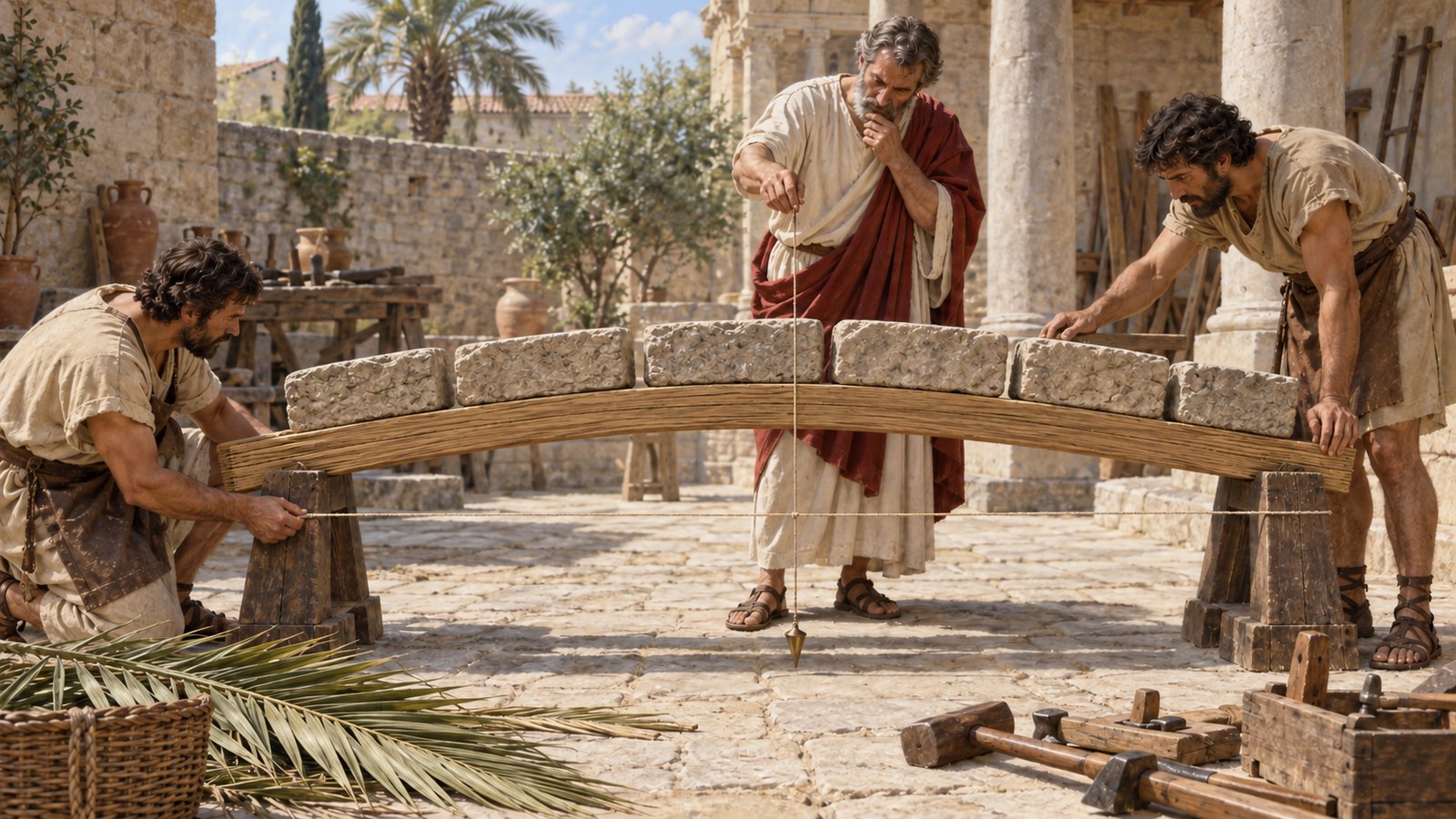 A vertical 4:5 cinematic realistic oil painting in an ancient Roman carpentry court, a thick cut palm-wood beam supported at both ends under stacked plain stone weights, the beam visibly but subtly bowing upward at its center as three generic craftspeople inspect it, loose palm fronds nearby identify the material, warm side light, physically coherent demonstration, no readable text, letters, numbers, emblems, signatures or watermark.