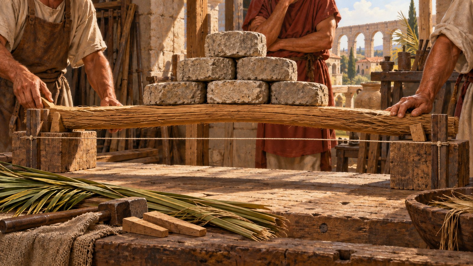 A wide 16:9 cinematic realistic oil painting of an ancient material demonstration: a straight palm-wood beam on two low supports loaded with several plain stone blocks while a generic Roman scholar and two carpenters use a plumb line and straightedge to inspect its slight upward convex curve, quiet workshop courtyard, no scroll text, signs, emblems, signatures or watermark.