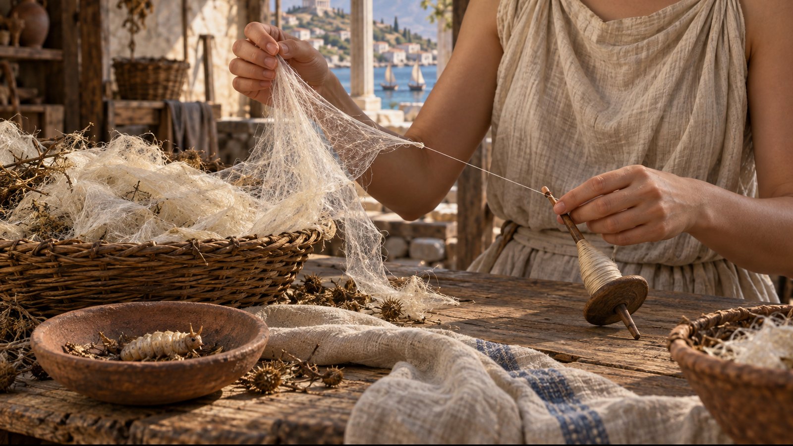 A vertical 4:5 cinematic realistic oil painting of Pamphile of Cos in a bright ancient Mediterranean textile workshop, an adult Greek craftswoman seated at a simple wooden frame carefully unravelling pale lustrous insect web material into fine thread, small cocoons and spindle nearby, translucent finished cloth draped over a plain beam, island light and muted earth-red palette, historically plausible tools, no text, lettering, numerals, symbols, signatures or watermark.