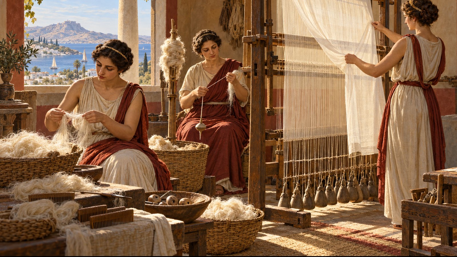 A wide 16:9 cinematic realistic oil painting of an ancient Coan textile workshop table showing the process from large horned grub and caterpillar forms in shallow woven trays to pale cocoons or web-like bundles, with adult women’s hands carefully drawing an extremely fine continuous thread onto a spindle, scientifically restrained natural forms, warm island daylight, no text, lettering, numerals, symbols, signatures or watermark.