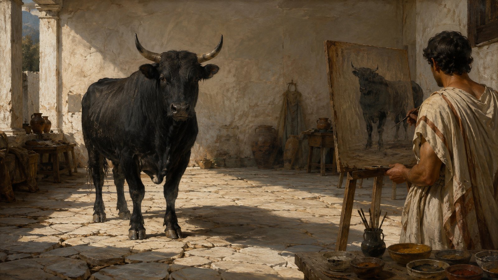A vertical 4:5 cinematic realistic oil-painting of the ancient painter Pausias as an anonymous Greek artisan in a Sicyonian studio, studying a large black sacrificial ox facing almost directly toward him while a dark painted panel stands on an easel, wax pigments and simple period tools nearby, no readable text, letters, logos, signatures or watermark.