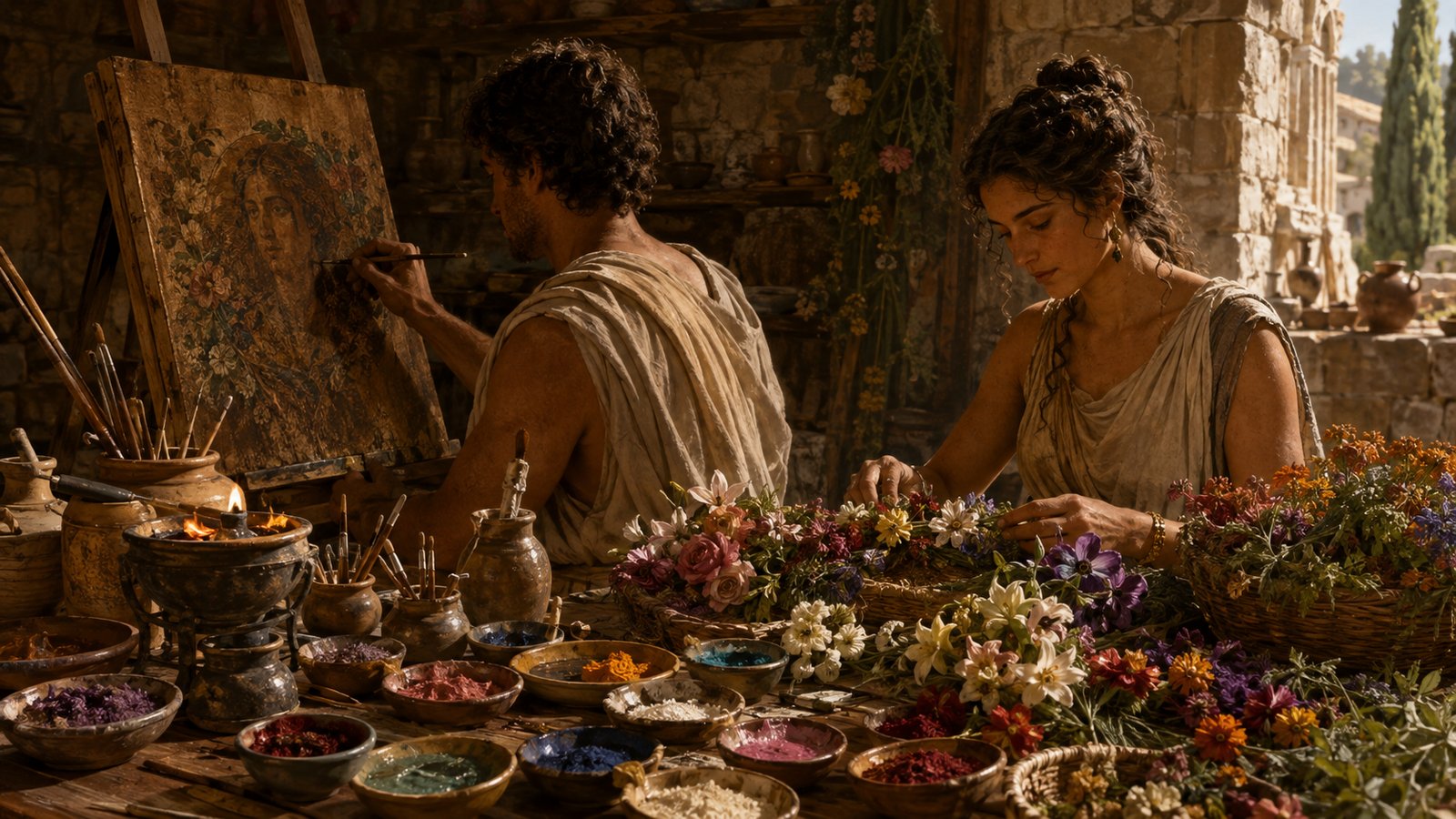A wide 16:9 cinematic realistic oil-painting reconstruction of an ancient Greek studio experiment: a large calm black ox seen almost head-on under angled daylight, its long body made legible by cast shadow across a broken pale ground, an anonymous painter comparing animal and panel, historically plausible tools, no readable text, letters, logos, signatures or watermark.