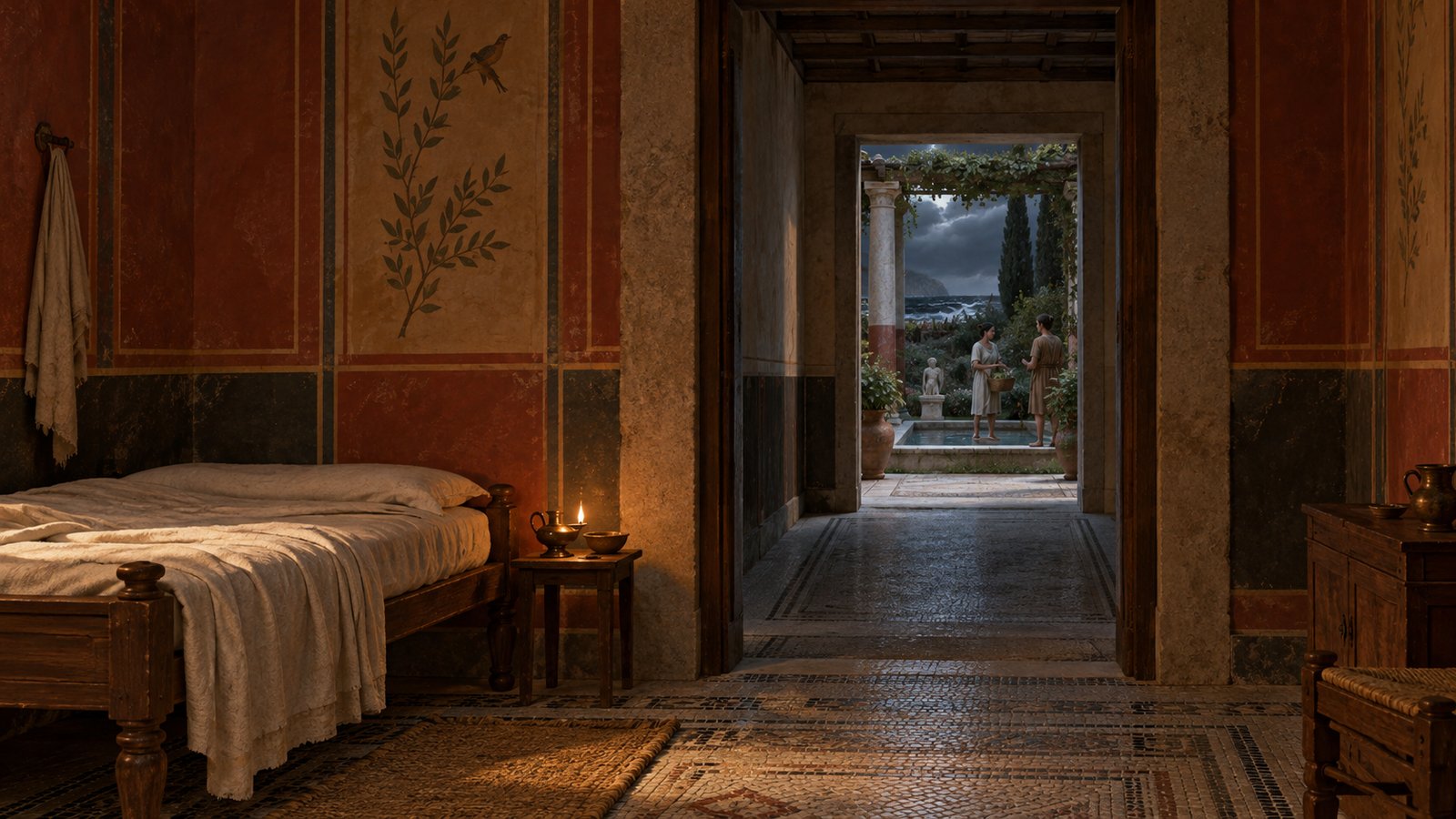 A vertical 4:5 cinematic realistic oil painting inside Pliny the Younger’s Laurentine villa, showing a quiet sleeping chamber separated from a lively garden corridor by a narrow empty passage between parallel walls, soft sea light, distant household figures blurred beyond, historically plausible Roman architecture, no text, lettering, numerals, signatures or watermark.