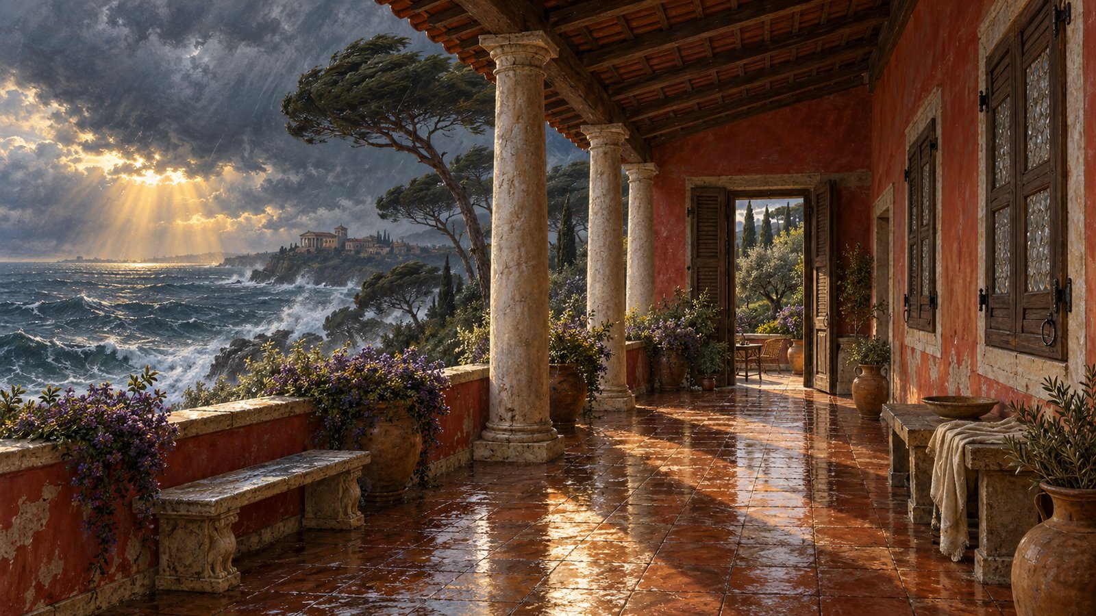 A wide 16:9 cinematic realistic oil painting cutaway-like but physically plausible view through Pliny’s coastal villa: a silent bedchamber, an empty separating passage, then servants conversing in a garden suite beyond, the sea and storm light outside while the inner room remains calm, no labels, text, lettering, numerals, signatures or watermark.