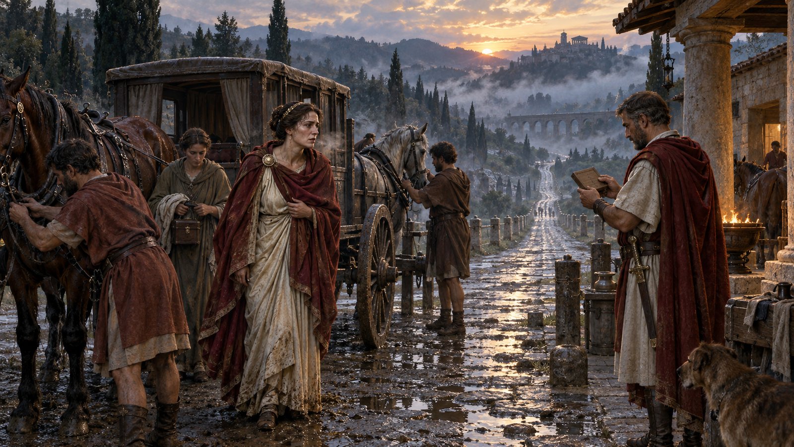 A vertical 4:5 cinematic realistic oil painting of a Roman provincial governor in a lamplit administrative chamber handing a small sealed but completely unlettered wooden travel warrant to a noblewoman dressed for an urgent journey, relay horses and a plain covered carriage waiting in a rain-dark courtyard beyond, clerks and wax tablets nearby, historically plausible early second-century setting, emotional urgency without melodrama, no readable text, letters, numerals, emblems, signatures or watermark.