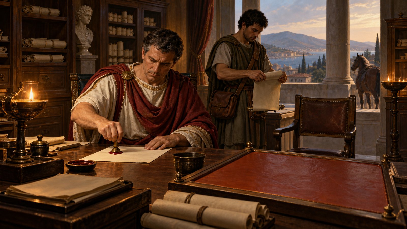 A wide 16:9 cinematic realistic oil painting of an imperial Roman relay station at dawn, an exhausted noblewoman and attendants changing horses beside a plain carriage while a station official examines an unlettered sealed wooden permit, wet road stretching east through wooded hills, practical movement and controlled urgency, no readable text, letters, numerals, logos, insignia, signatures or watermark.