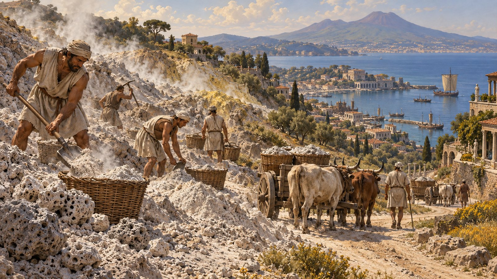 A vertical 4:5 cinematic realistic oil painting of Roman harbour builders on the Bay of Naples lowering baskets of pale volcanic powder and rubble into a timber cofferdam, chained oak piles enclosing churning seawater while masons mix lime on a platform, Vesuvius and the warm coast distant, historically plausible tools and clothing, no readable text, letters, numerals, emblems, signatures or watermark.