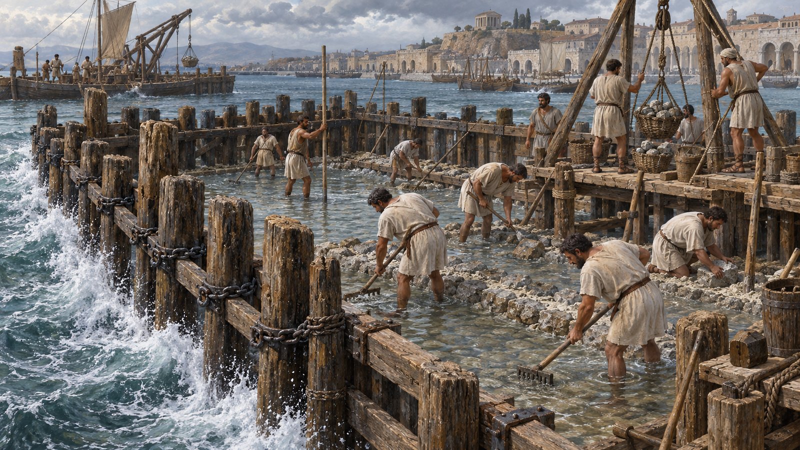 A wide 16:9 cinematic realistic oil painting of workers gathering light volcanic powder in the hills near ancient Baiae, porous pale earth, pumice and steaming ground visible while ox carts carry material toward a harbour below, the image links volcanic landscape to construction without showing an eruption, no readable text, letters, numerals, logos, signatures or watermark.