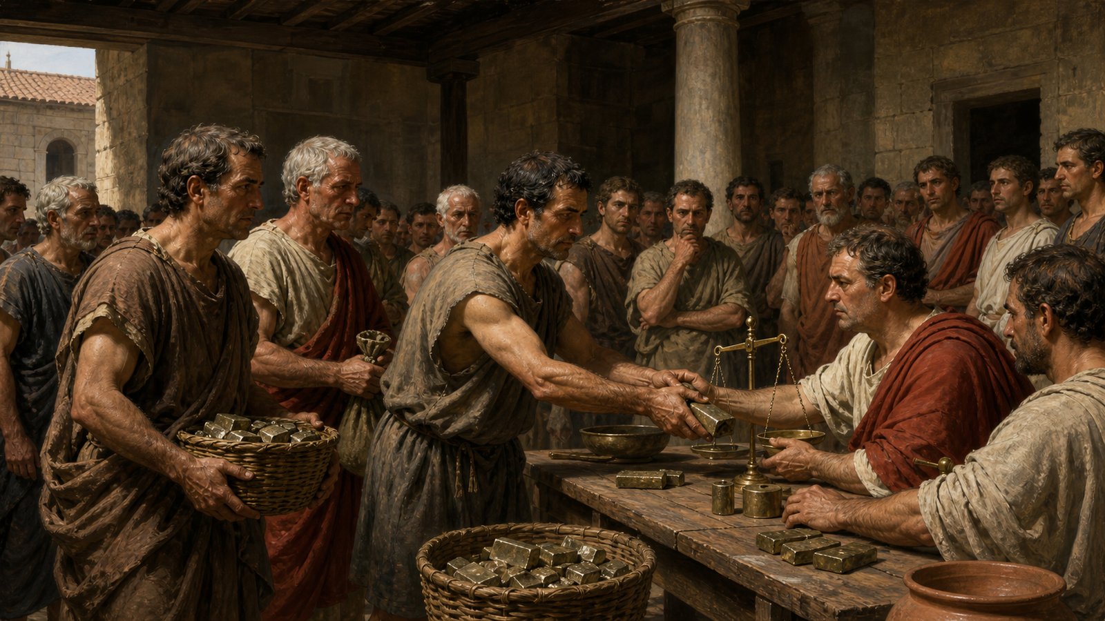 A vertical 4:5 early Republican treasury scene linking a citizen-soldier receiving bronze pay to citizens contributing property tax, no text or marks.