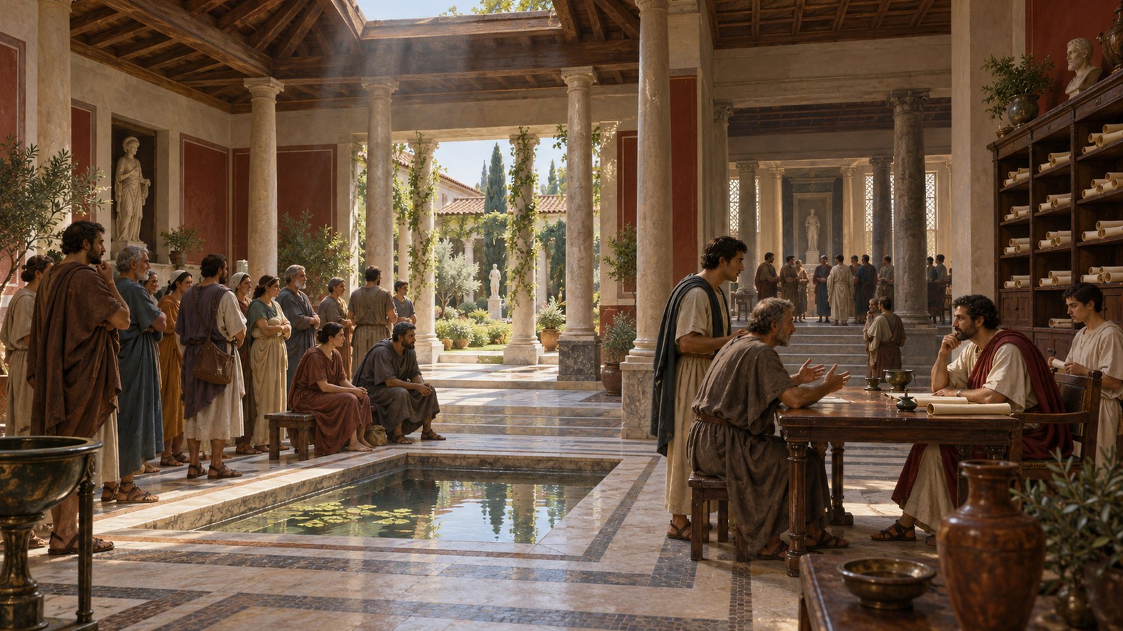 The noble house enlarged because consultations, civic dealings and private judgments brought public functions indoors.