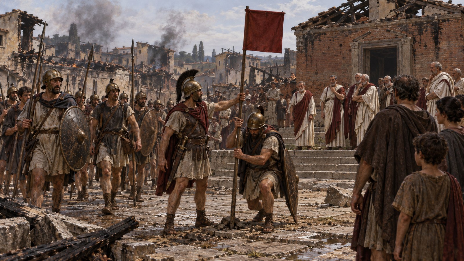 Livy places the decision in the forum: a routine order to plant a standard became the omen that ended debate over abandoning Rome for Veii.