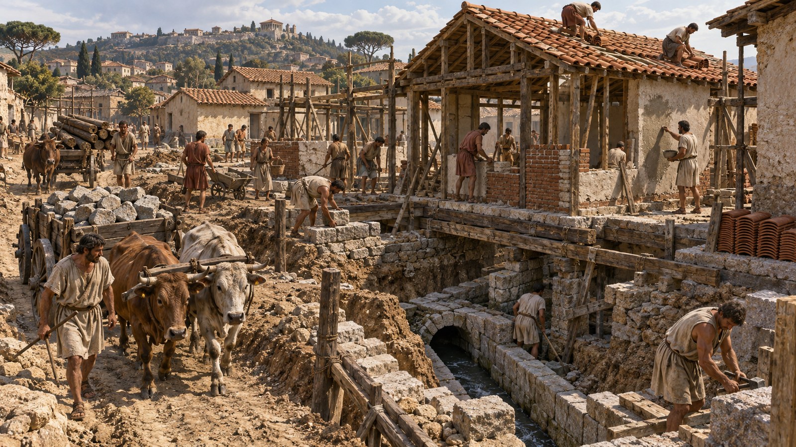 Public tiles and free access to timber and stone accelerated construction, but Livy says the rush left old sewers beneath new private houses.