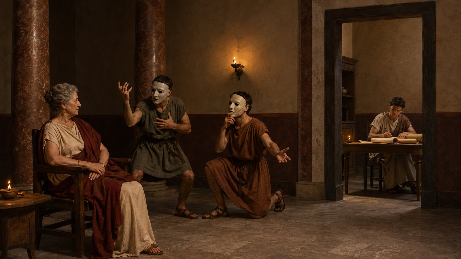 A vertical 4:5 historical scene inside a wealthy Roman atrium: an elderly aristocratic matron watches a small troupe of generic pantomime dancers while her young adult grandson walks through a side doorway toward a quiet study with scrolls, no text, marks, inscriptions, logos or modern objects.