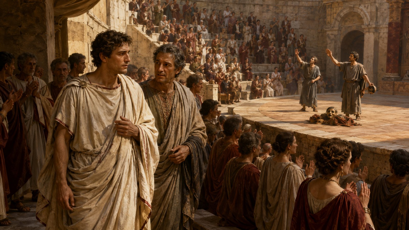 A wide Roman household scene divided by architecture rather than graphics: an elderly matron seated near two restrained pantomime performers in a lamp-lit atrium, while her grandson studies an unmarked scroll in a quieter adjoining room visible through a doorway, no text or inscriptions.