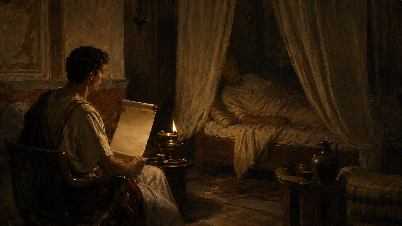 A vertical 4:5 cinematic realistic oil-painting of an older generic Roman statesman awake in a modest dark bedroom while a seated household reader quietly recites from a blank scroll by a low oil lamp, intimate non-imperial scene, no recognizable ruler likeness, no readable text, letters, numerals, logos, signatures or watermark.