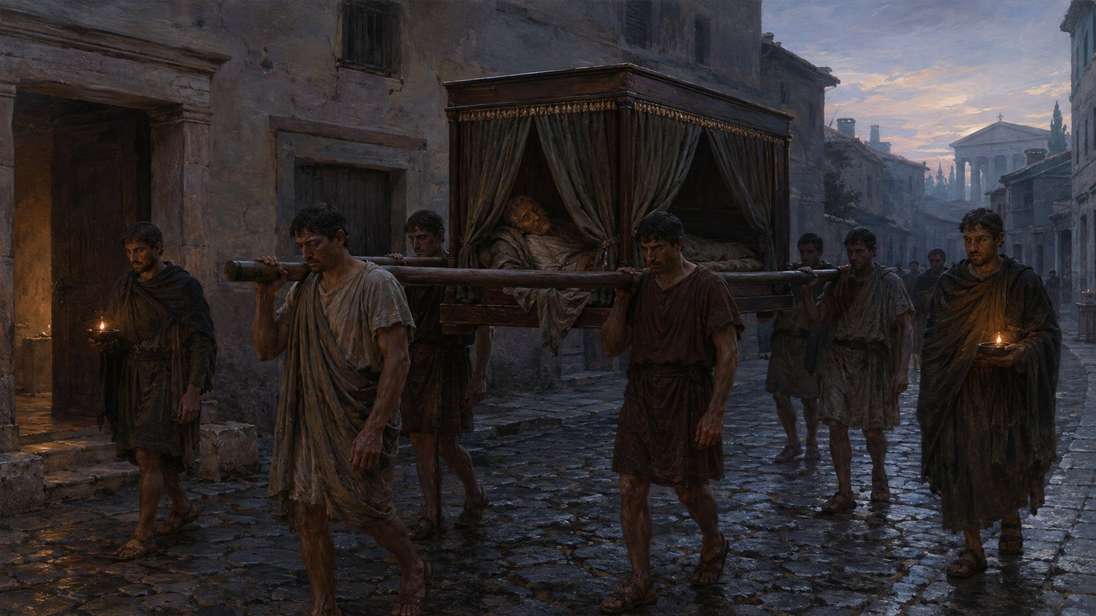 A wide 16:9 cinematic realistic oil-painting of a modest Palatine Roman bedroom at night, an older generic statesman resting behind curtains while a reader sits nearby with a completely blank scroll and low lamp, restrained domestic realism, no readable text, letters, numerals, logos, signatures or watermark.