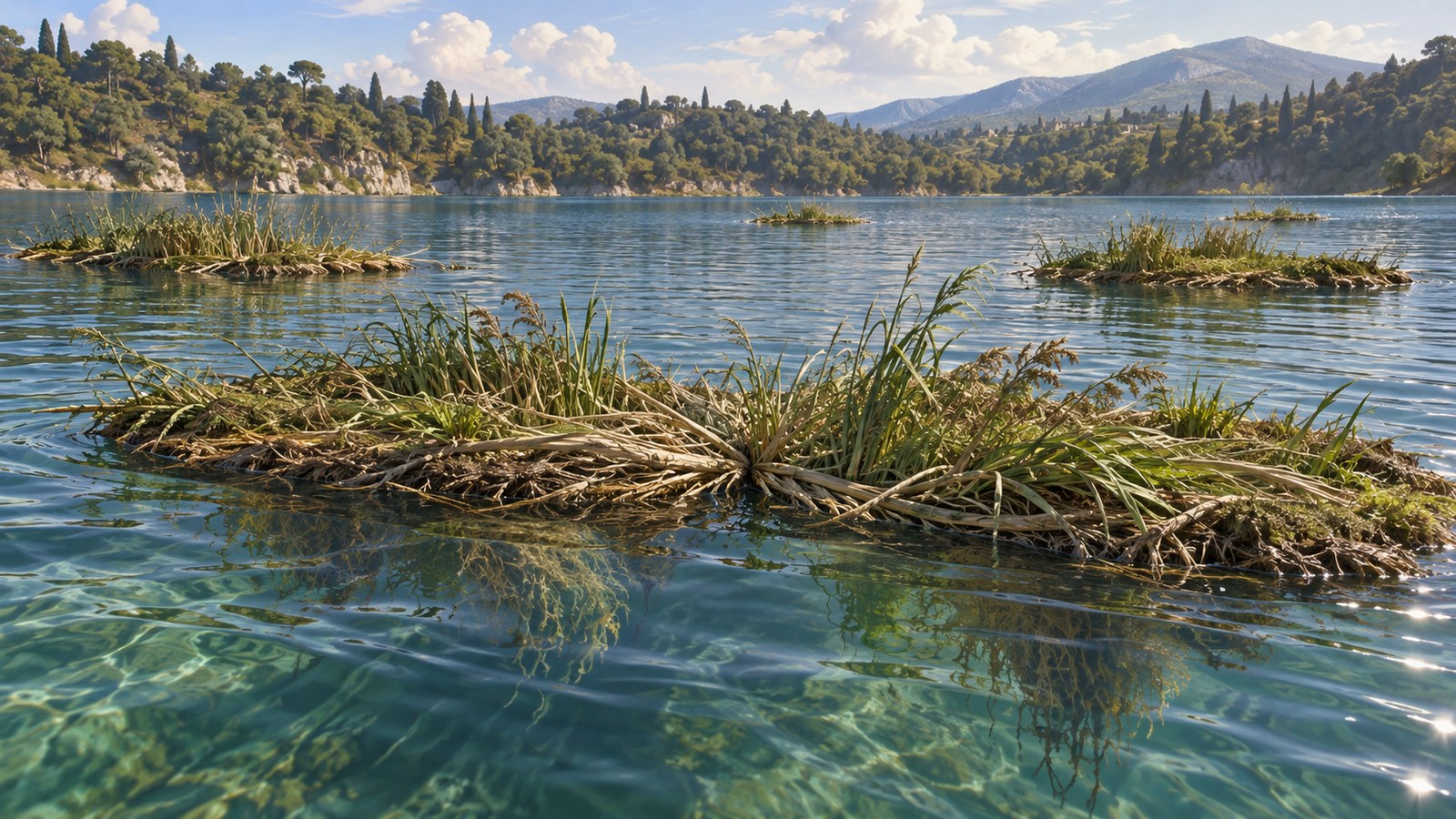 Pliny described roots hanging beneath the vegetated mats at equal depth, like shallow keels under natural rafts.