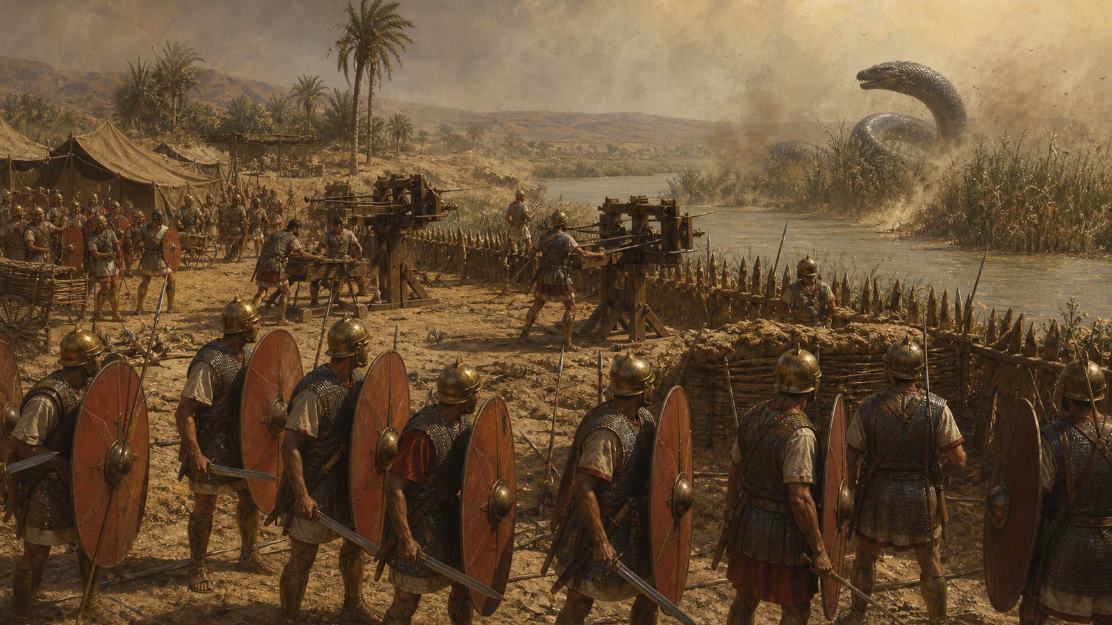 A vertical 4:5 cinematic realistic oil-painting on the Bagradas River bank during the First Punic War: Roman soldiers under Marcus Atilius Regulus wheel a compact torsion catapult toward an enormous thick serpent coiled among reeds at a safe distance, tense military standoff rather than gore, North African light, historically plausible Republican equipment, no text, no letters, no inscriptions, no logos, no watermark.