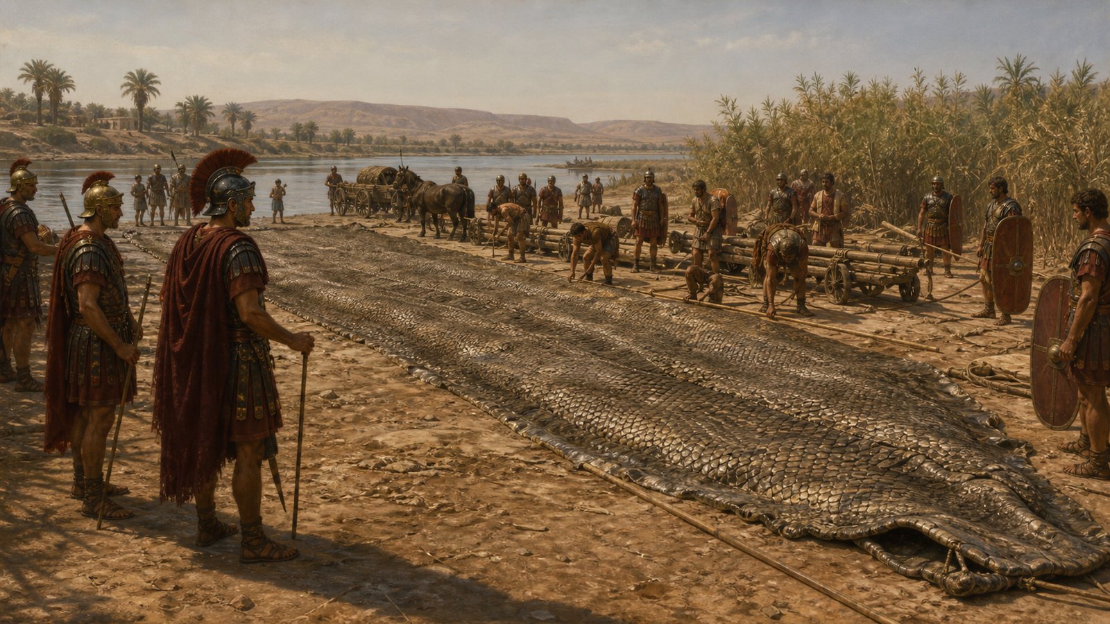 A wide 16:9 cinematic realistic oil-painting of a Roman Republican expedition camp beside the Bagradas River in 255 BCE: soldiers form a guarded line with shields while crews operate torsion artillery against a huge serpent emerging from dense reeds, dusty North African landscape, tactical scale and fear, no gore, no text, no letters, no inscriptions, no logos, no watermark.