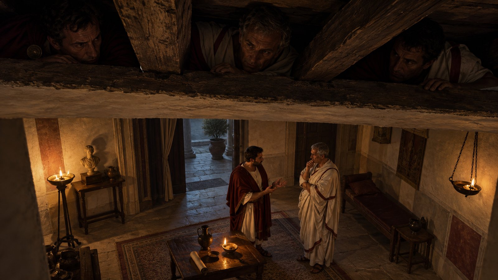 A vertical 4:5 cinematic realistic oil painting of a loyal ancient Roman household dog keeping watch beside the shrouded body of its condemned master at the foot of broad stone steps in early imperial Rome, a restrained crowd gathered at a respectful distance, winter grey light, grief and fidelity rather than violence, historically plausible setting, no visible wounds, no text, lettering, numerals, symbols, signatures or watermark.
