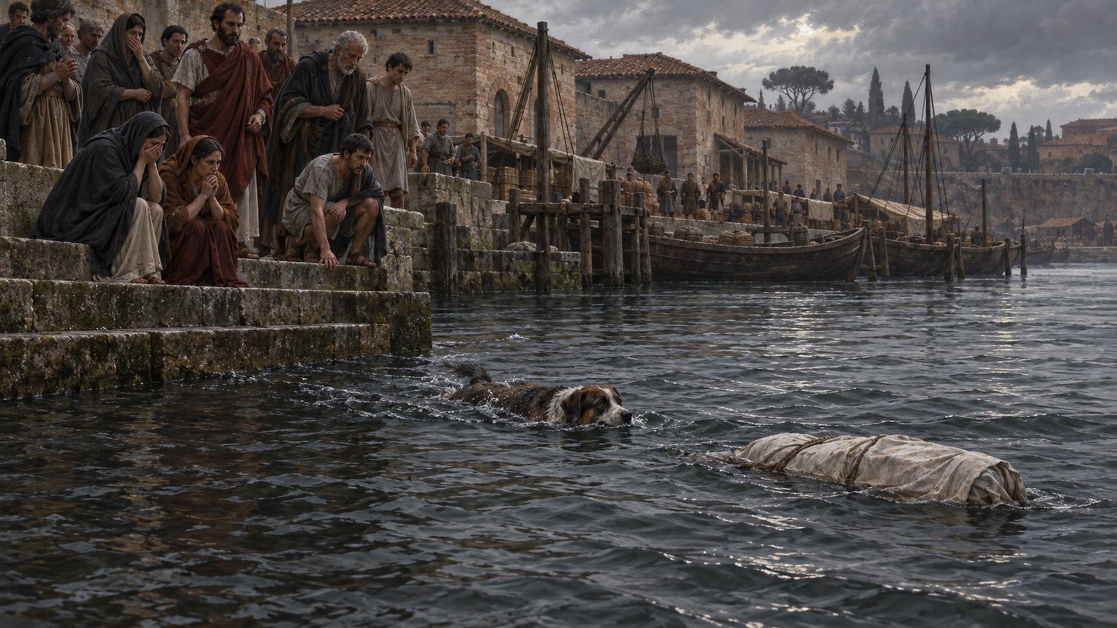 A wide 16:9 cinematic realistic oil painting of a tense early imperial Roman interior where three senators hide silently in the dark space between timber roof beams and a plaster ceiling while two men converse in a sparse room below, political surveillance conveyed through architecture, no violence, no text, lettering, numerals, symbols, signatures or watermark.