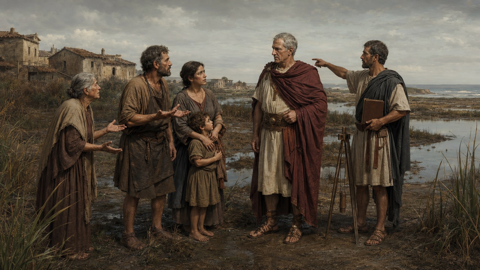 A vertical 4:5 cinematic realistic oil-painting overlooking ancient Salapia in transition, families and surveyors leaving a low stagnant marsh settlement toward newly laid stone walls on healthier ground near the sea, Marcus Hostilius directing the move with blank wax tablets, no readable text, letters, numerals, logos, signatures or watermark.