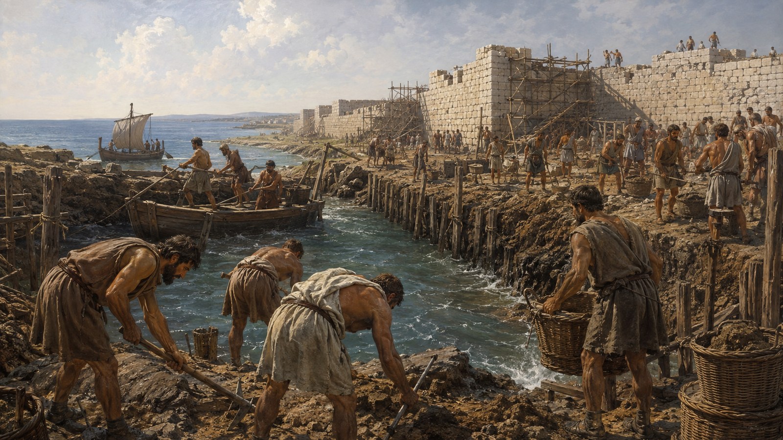 A wide 16:9 cinematic realistic oil-painting of the old settlement of Salapia beside a stagnant Apulian marsh, weary inhabitants petitioning Marcus Hostilius while surveyors study firmer coastal ground in the distance, historically plausible landscape and clothing, no readable text, letters, numerals, logos, signatures or watermark.