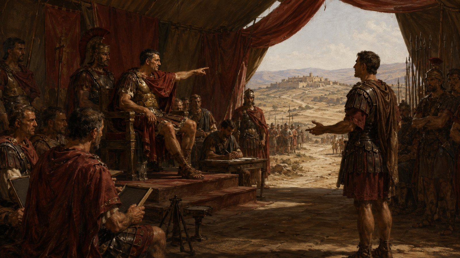 A vertical 4:5 cinematic realistic oil-painting of Scipio Africanus holding court in a Roman campaign camp in Spain, shown as a generic stern commander in late Republican military dress pointing past petitioners toward a distant fortified hilltop citadel, procedural calm before battle, blank tablets and standards, no text, letters, numerals, logos or watermark.