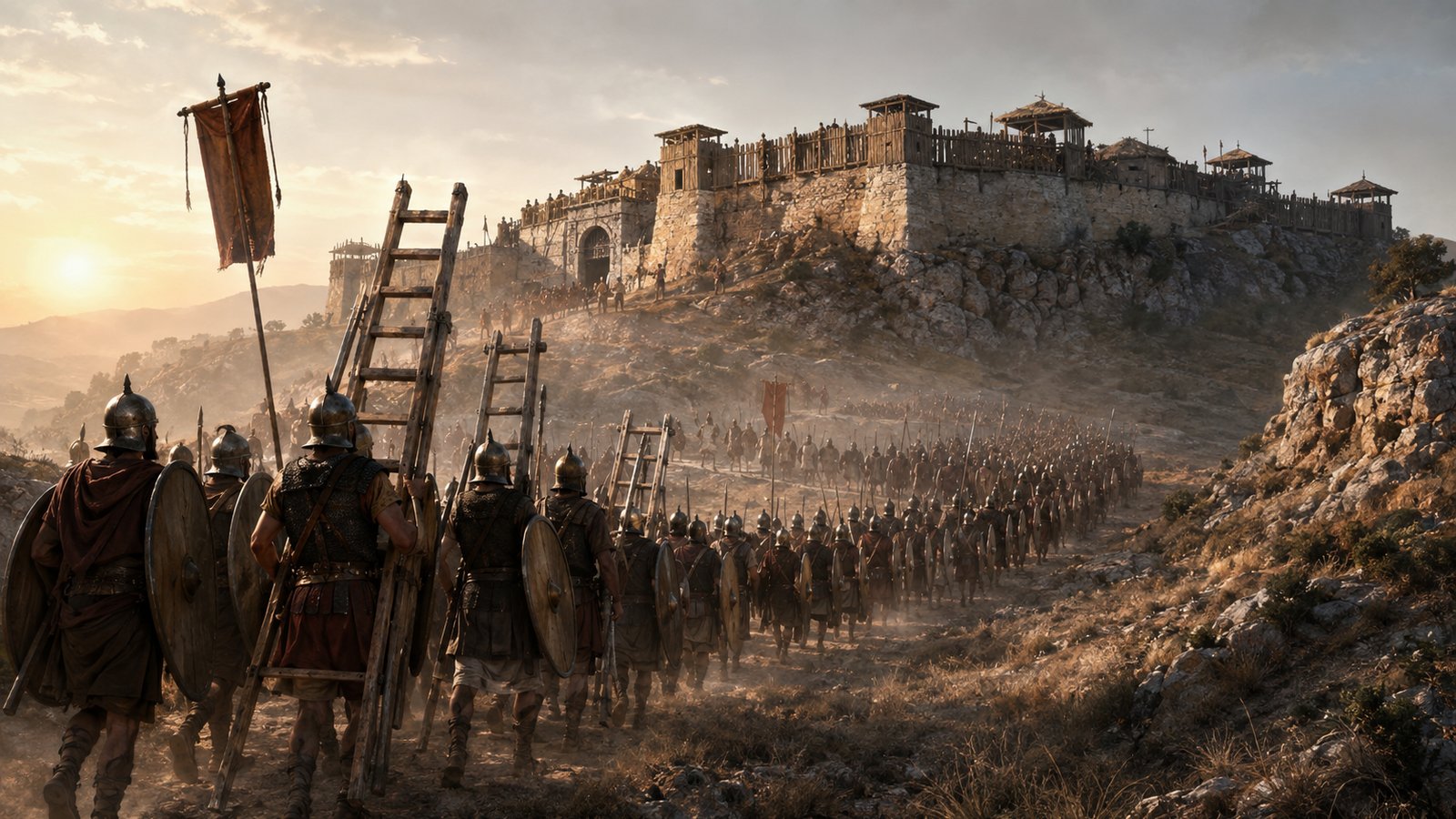 A wide 16:9 historically plausible Roman camp tribunal during a siege: a generic soldier awaiting judgment asks a question while the seated commander points through the open command tent toward an enemy citadel across dry Spanish terrain, clerks hold blank wax tablets, no readable marks, text, logos or watermark.