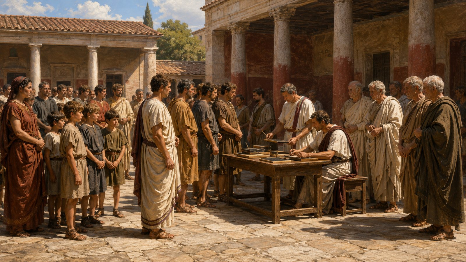 A vertical 4:5 cinematic realistic oil-painting of a Roman census enrolment scene, a young man at the threshold of military age standing before seated officials while an older man waits beside him, blank wax tablets and counting stones, historically plausible civic setting, no readable text, letters, numerals, insignia, logos, signatures or watermark.
