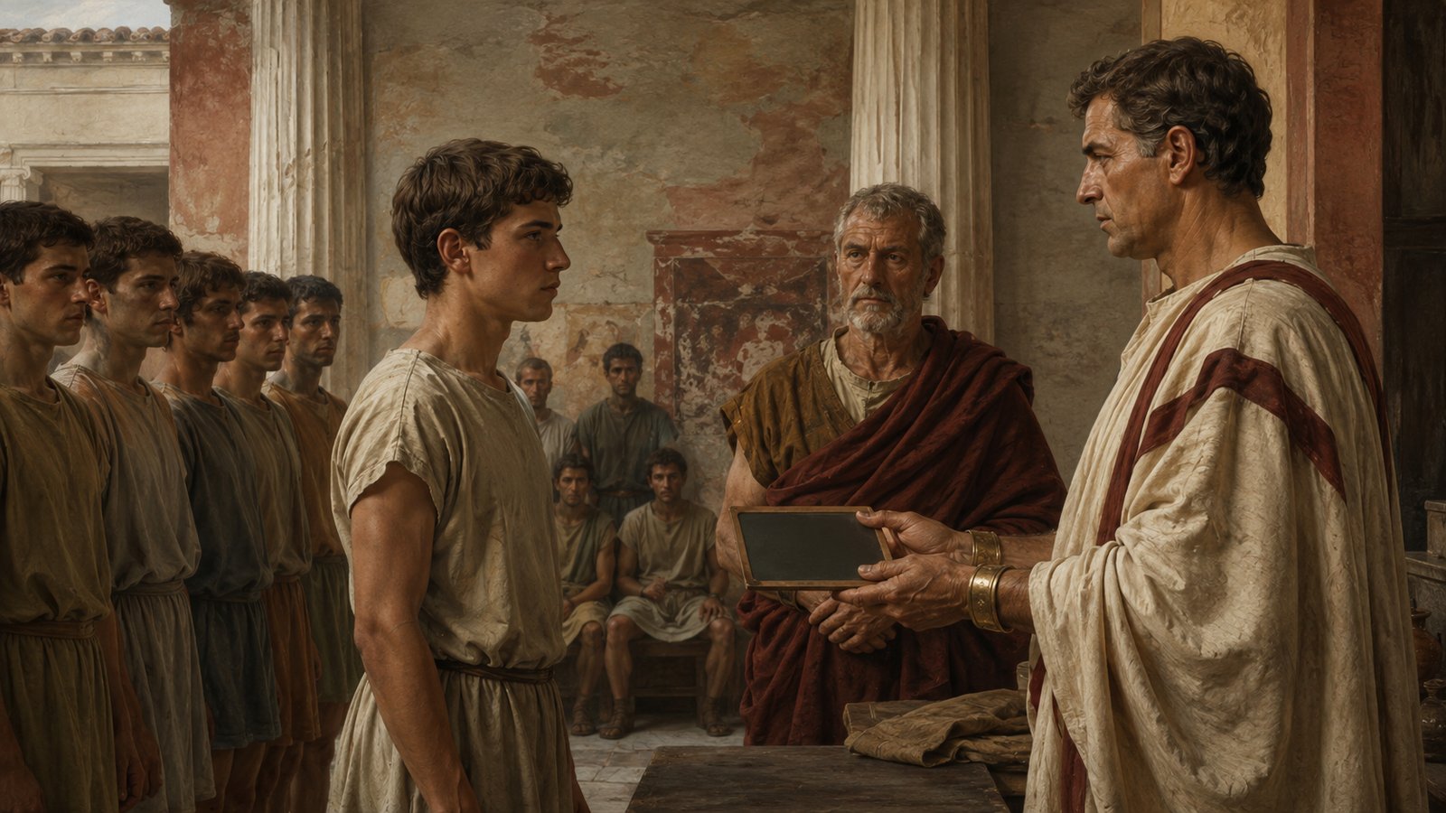 A wide 16:9 cinematic realistic oil-painting of Roman census officials sorting citizens into age groups in a sunlit civic courtyard, boys with families at one side, military-age men before blank tablets at center, older citizens beyond, no readable writing, standards, logos, signatures or watermark.