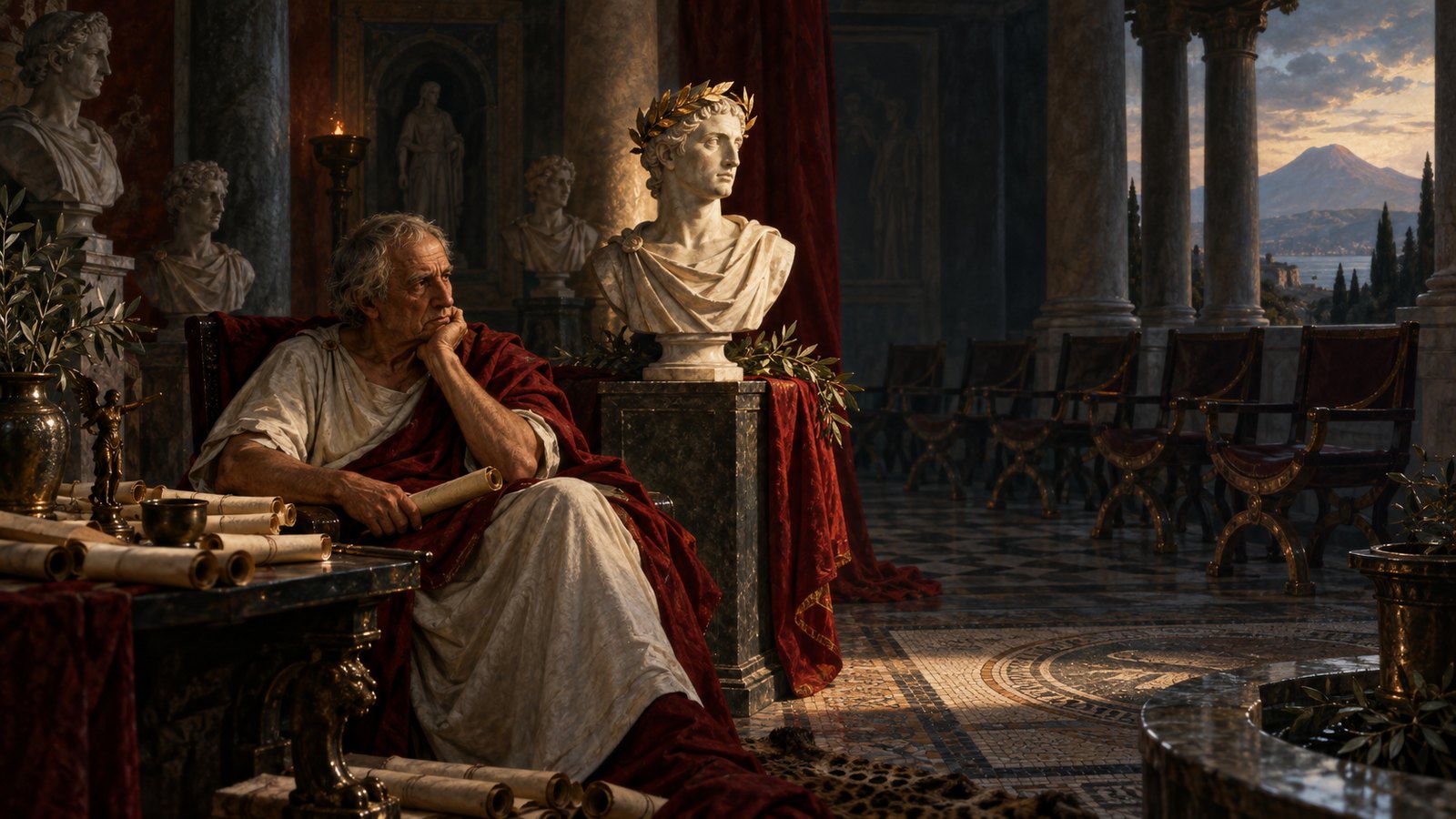 A vertical 4:5 cinematic realistic oil painting of the elderly Roman poet Silius Italicus in a Campanian villa library placing a small laurel offering before a generic bronze bust of an earlier poet inspired by Virgil, scrolls and statues around him, sea light from Naples beyond, dignified unrecognizable faces, no inscriptions, text, lettering, numerals, signatures or watermark.